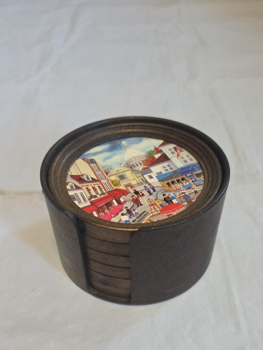 Round‎ Cork Coaster Set Featuring Bin Kashiwa Scenes of Paris Illustrations